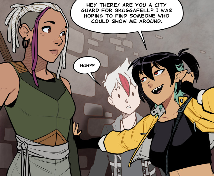 A scene from Nix of Nothing in which Kay flirts with a city guard