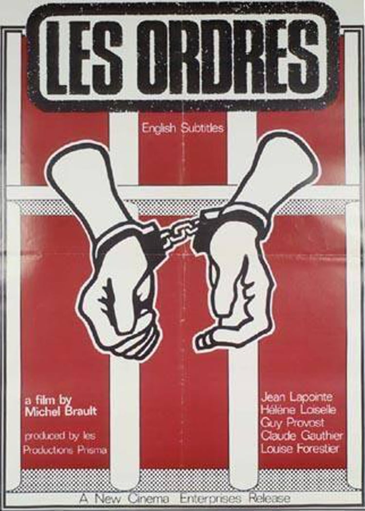 Film poster for Les Ordres, an illustration of two handcuffed hands extending out from behind prison bars.