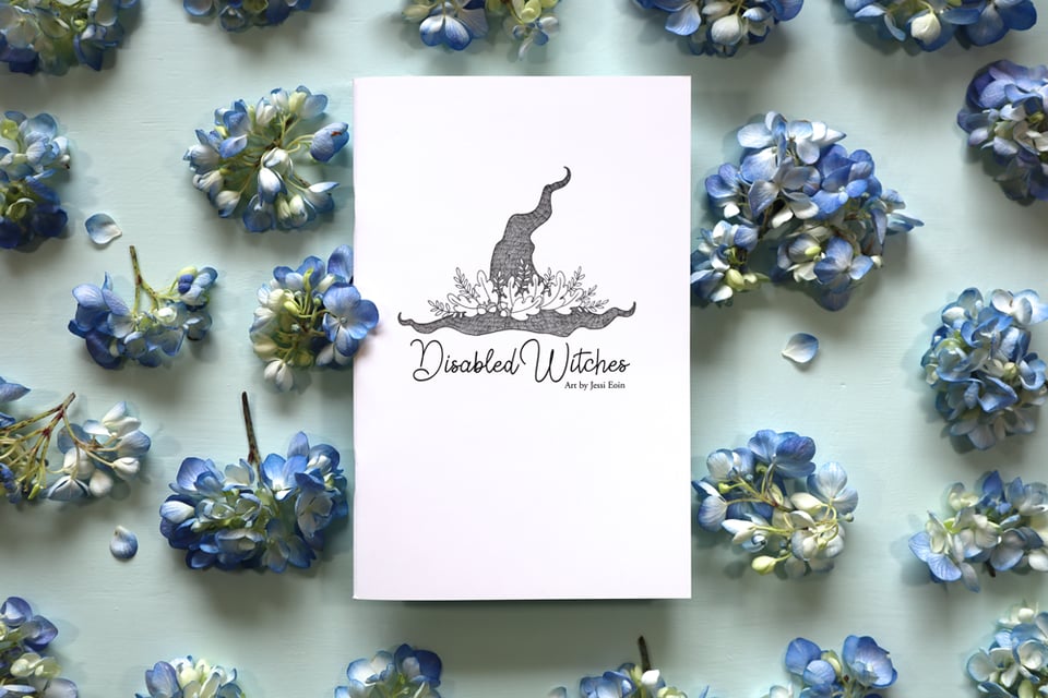 A copy of Jessi Eoin's art zine Disabled Witches lying on a blue background amongst blue hydrangeas.