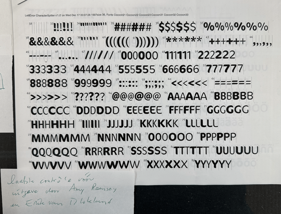 letters and numbers on a sheet of paper. A type specimen of some sort.