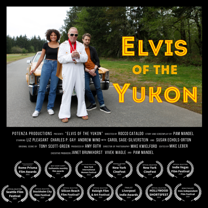 Cast for Elvis of the Yukon leaning on a big gold car. The lower part of the image shows all the awards the film has recieved.