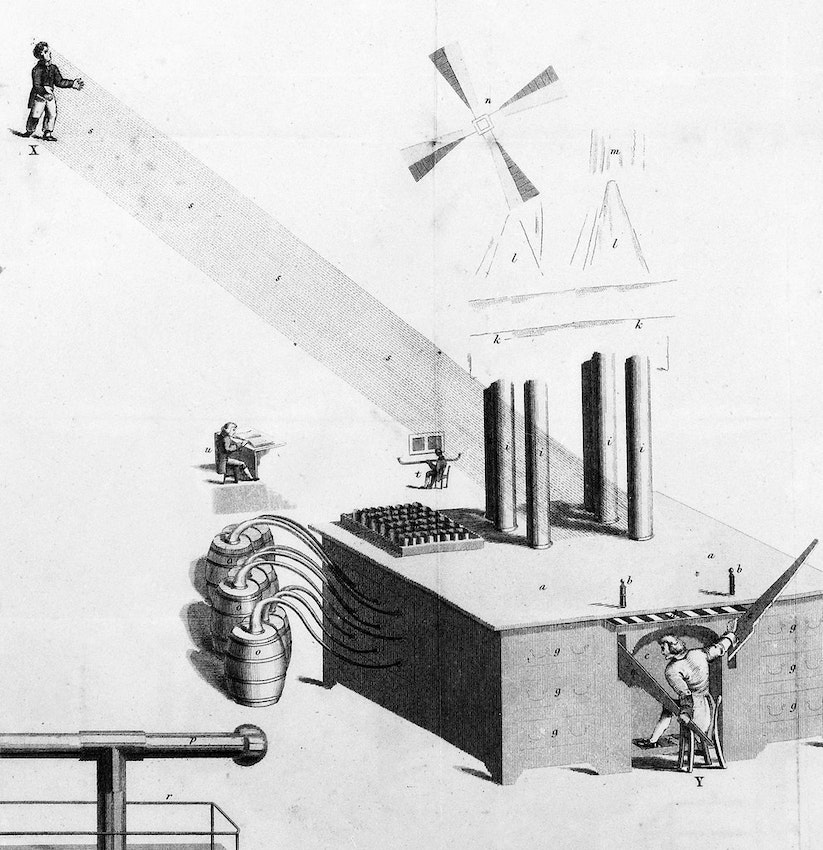 an antique european engraving showing a tiny man operating a mysterious machine that appears to use fuel contained in nearby barrels to control another man using a set of strings