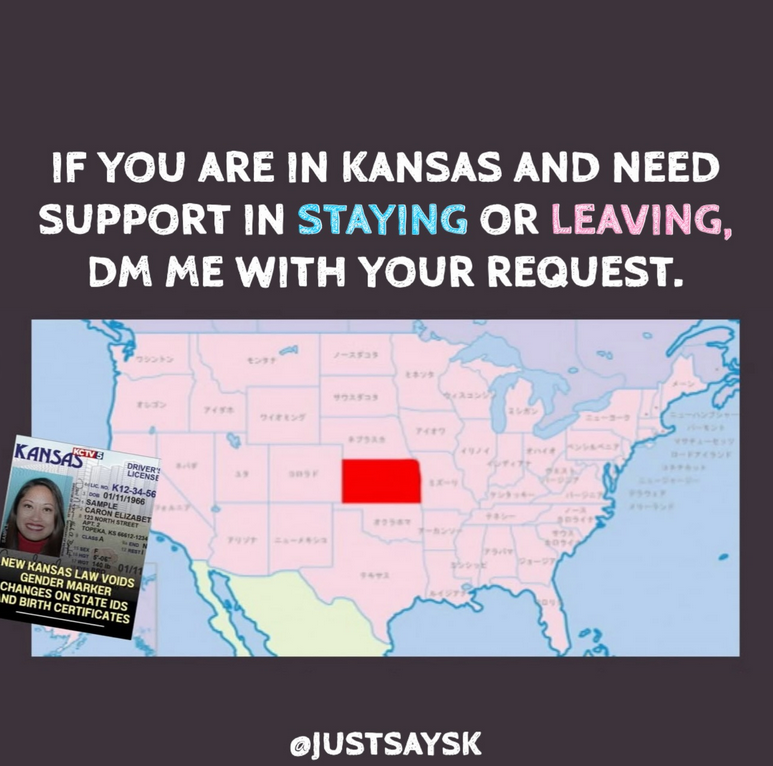 @JustSaySK post featuring a photo of the USA with Kansas filled with red. "If you are in Kansas and need support in staying or leaving, DM me with your request."
