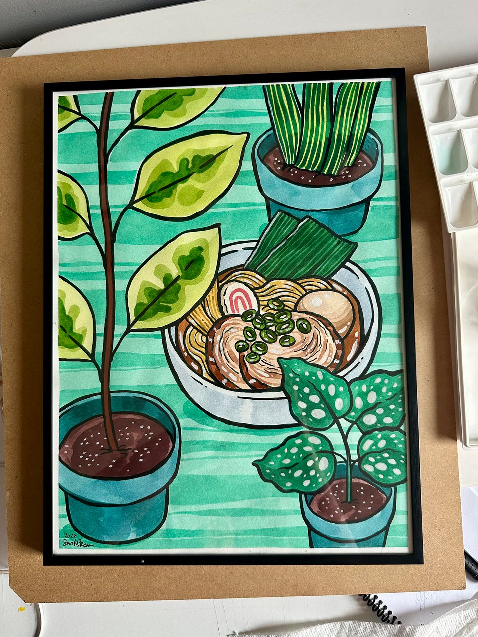A watercolor painting of a bowl of ramen surrounded by three lush houseplants, on a teal background