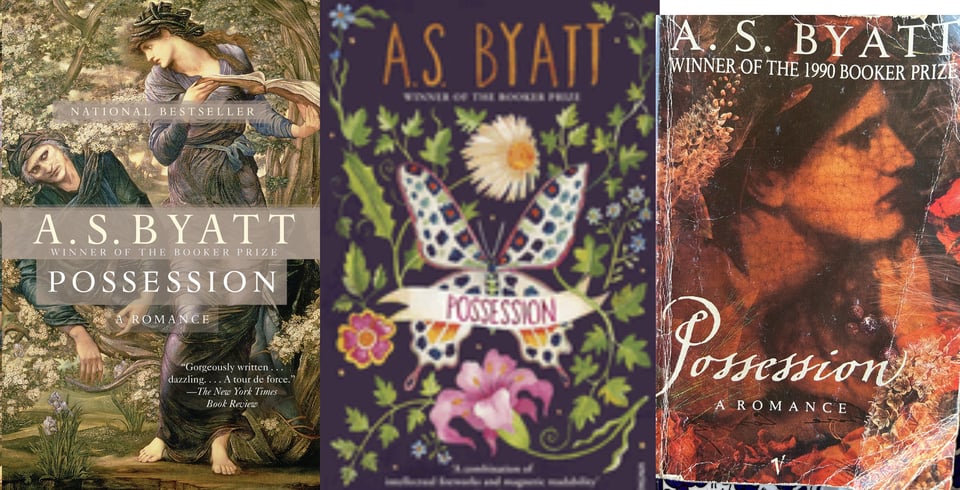 Three different covers of Possession by A.S. Byatt. The left and right covers are sort of romantic/pre-Raphaelite paintings. The middle one is a flowery butterfly image that's kind of surreal.
