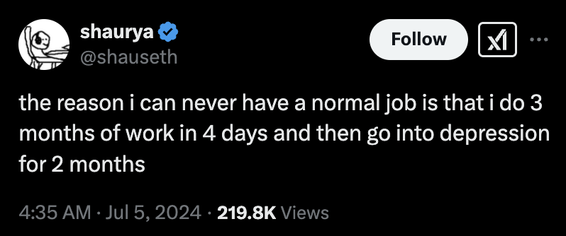 A tweet from shaurya, at shauseth, posted July 5, 2024. The reason I can never have a normal job is that I do 3 months of work in 4 days and then go into depression for 2 months.