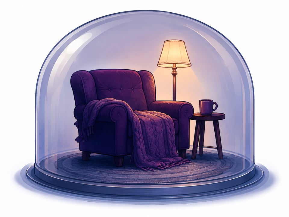 A cosy chair, blanket, warm light, a soft room enclosed in a glass dome