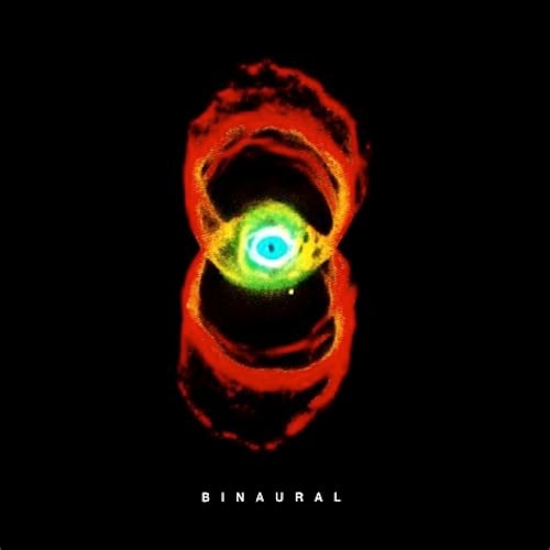 The cover of Pearl Jam’s BINAURAL album. Two red rings that overlap Venn style, and Venn part is yellow and also has an eye in the middle of it.