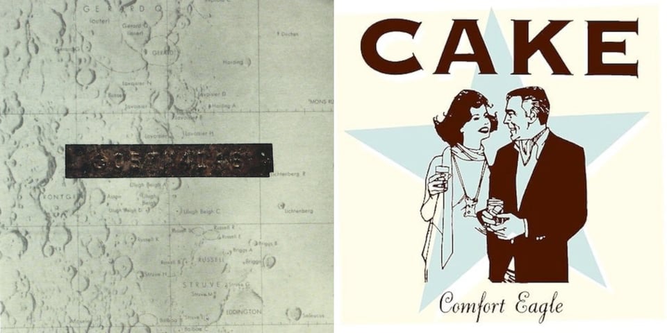 First pic: A drawn map of some kind of mountainous territory, with longitude and lattitude lines -- it could be the moon? There is a thin rectangular piece of rusted metal placed in the middle. Stamped on the metal are a series of numbers. Second pic: A pen and ink drawing of a couple, a middle-aged woman and man. They hold drinks and smile at each other; it seems like they are at a party. The woman has black hair and dark lipstick, wearing a dress with a scarf around her neck. She wears a necklace with a pendant at the end, which vaguely looks like a rook in a chess. The man wears a dark jacket and a neckerchief. His temples are grey. The drawing is superimposed on a light blue star shape.