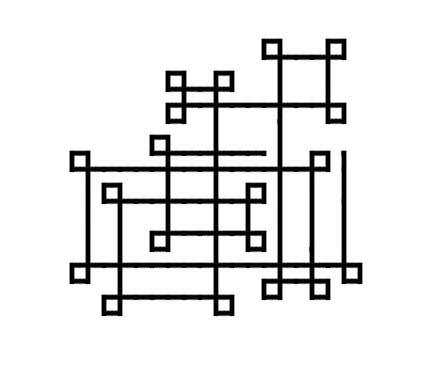 A single black line that loops around itself, turning only in right angles, often producing a small perfect square as it turns right, then right, then right again. It was done on a computer, so the width of the line is perfect and consistent, and each turn has the exact same spacing.