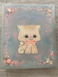 A light blue binder that says Baby Book, decorated with pink and white flowers and an image of a white kitten