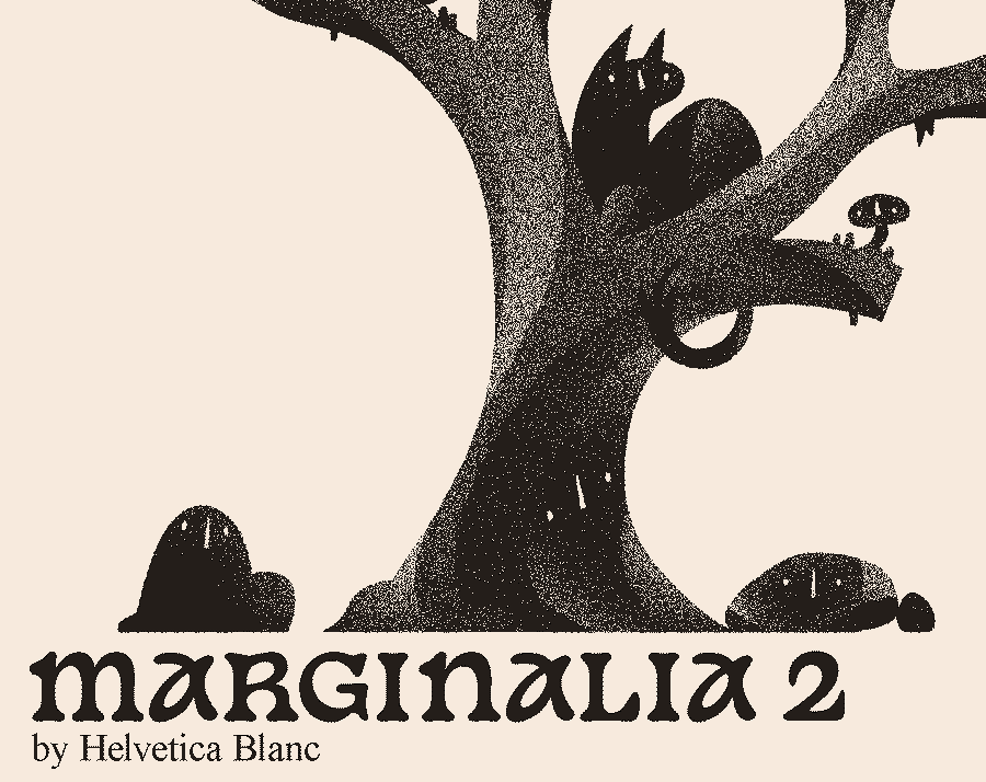Cover of Marginalia 2, showing a shadowy tree, rock, mushroom, animal, and cloud, all with small faces on them.