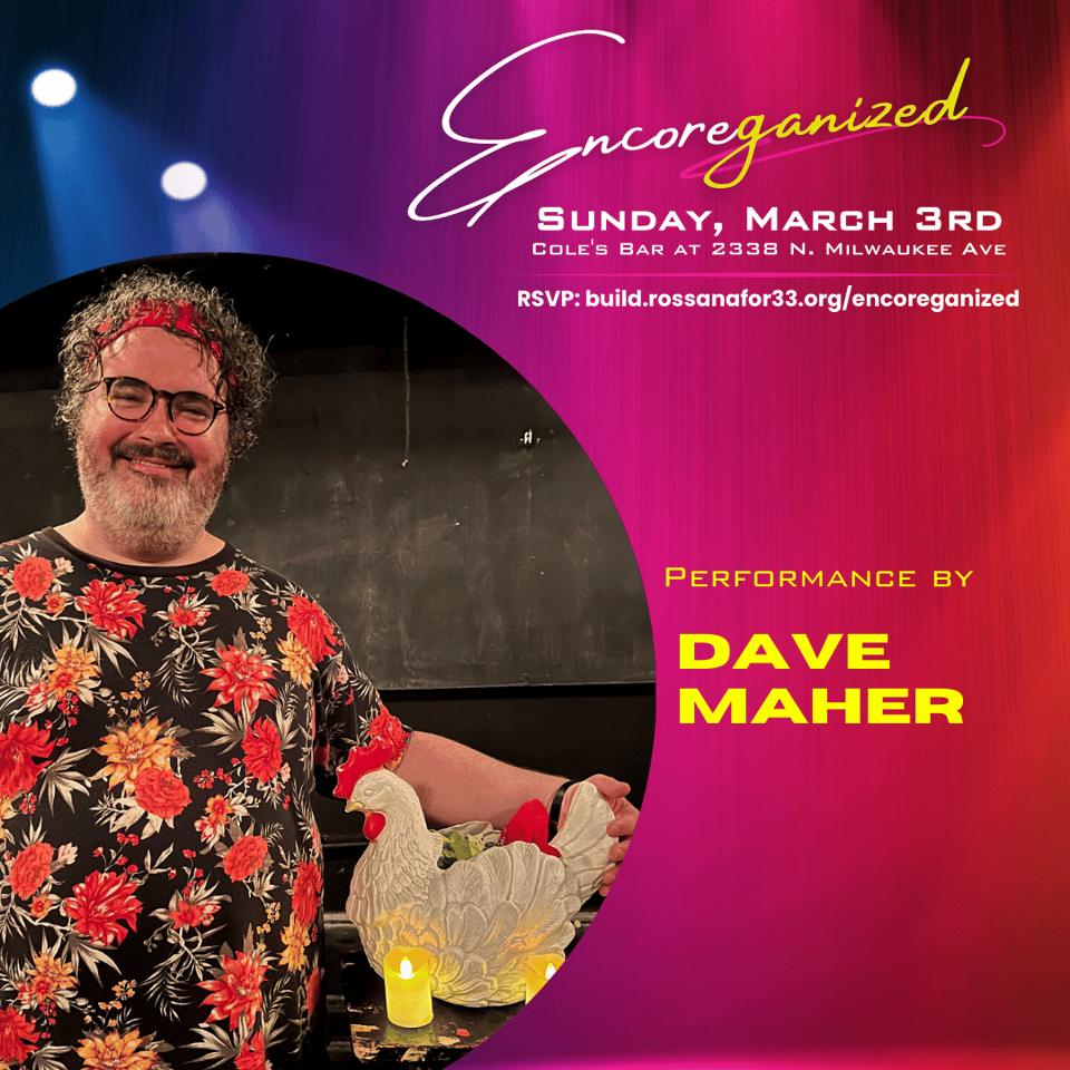 A colorful magenta and yellow infographic sharing the event text written elsewhere in this newsletter and a promotional photo of the artist whose bio is below.