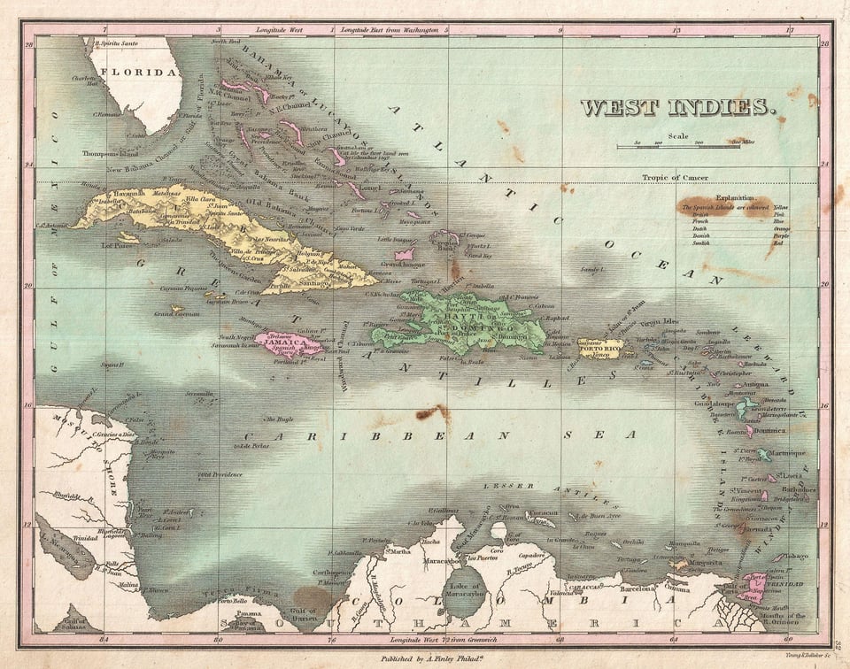 A map of Caribbean islands in 1832. Spanish colonies such as Cuba and Puerto Rico are yellow. French colonies, such as Haiti, are green. British colonies, such as Jamaica and the Bahamas, are pink.