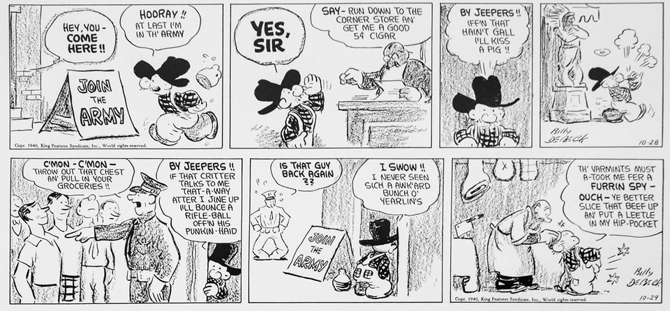 “Barney Google and Snuffy Smith” comics (two shown) from the 1940s showing charcoal used for tone. Both strips are about Snuffy wanting to join the Army.