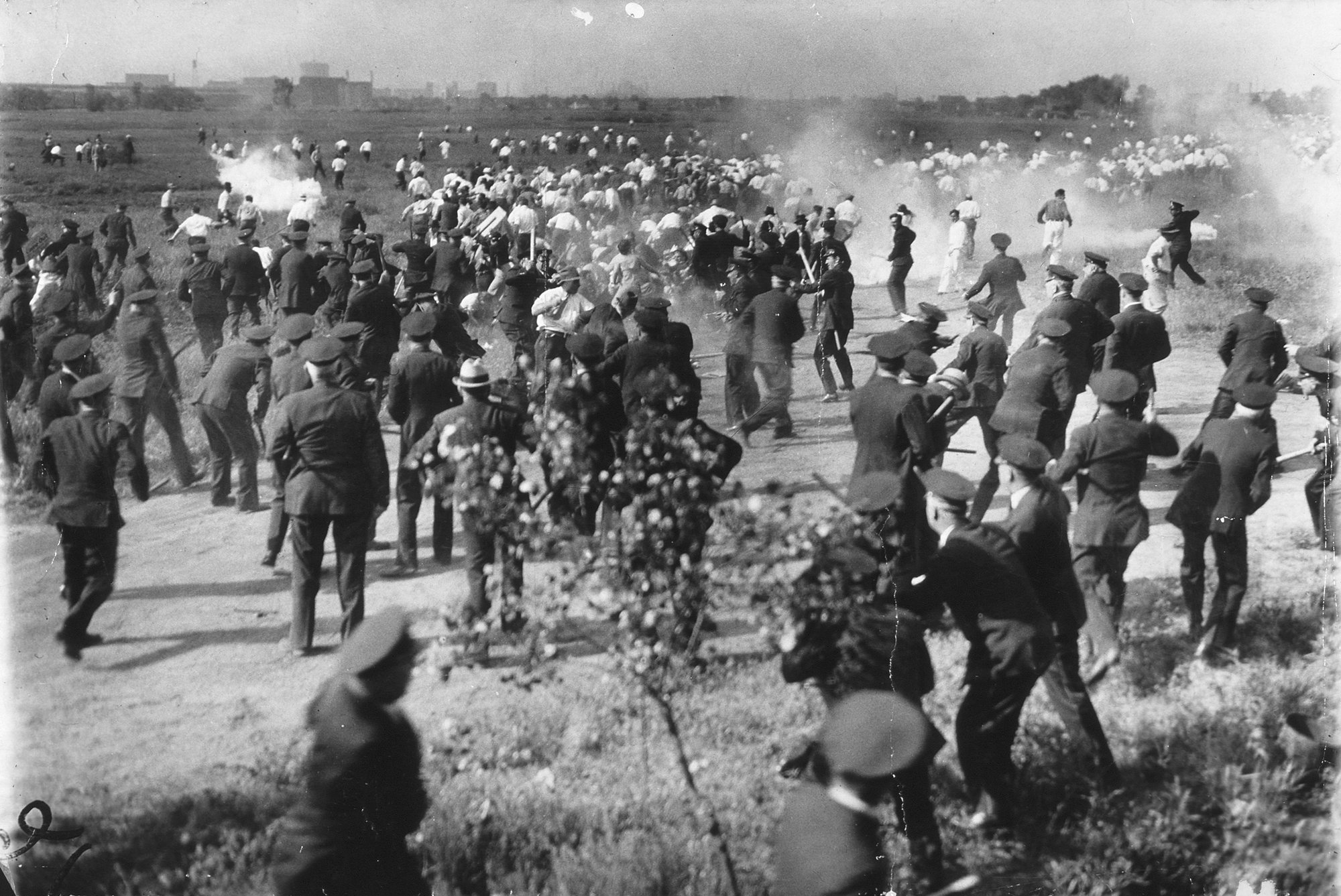 The Chicago Memorial Day Incident — La Follette Committee photograph showing police and strikers at the May 30, 1937 Republic Steel confrontation