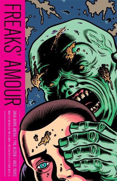 Cover artwork for the graphic novel "Freaks' Amour," showing a distorted face holding up a plastic mask