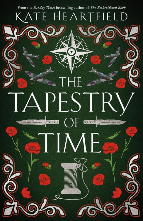 The cover of The Tapestry of Time is dark green with silver and red elements, including a compass rose and a spool of thread.