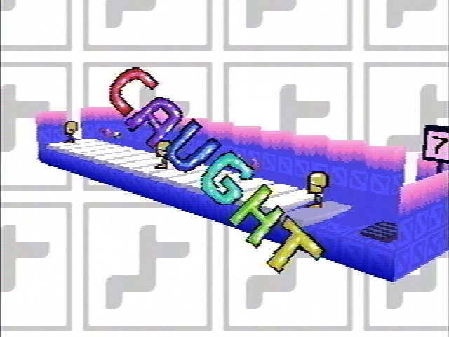 Gameplay footage with the text "Caught" laid over it in big colorful letters