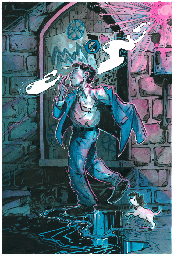 The final art for The Prospector film poster, a two-tone inkwash painting based on The Fool tarot card.