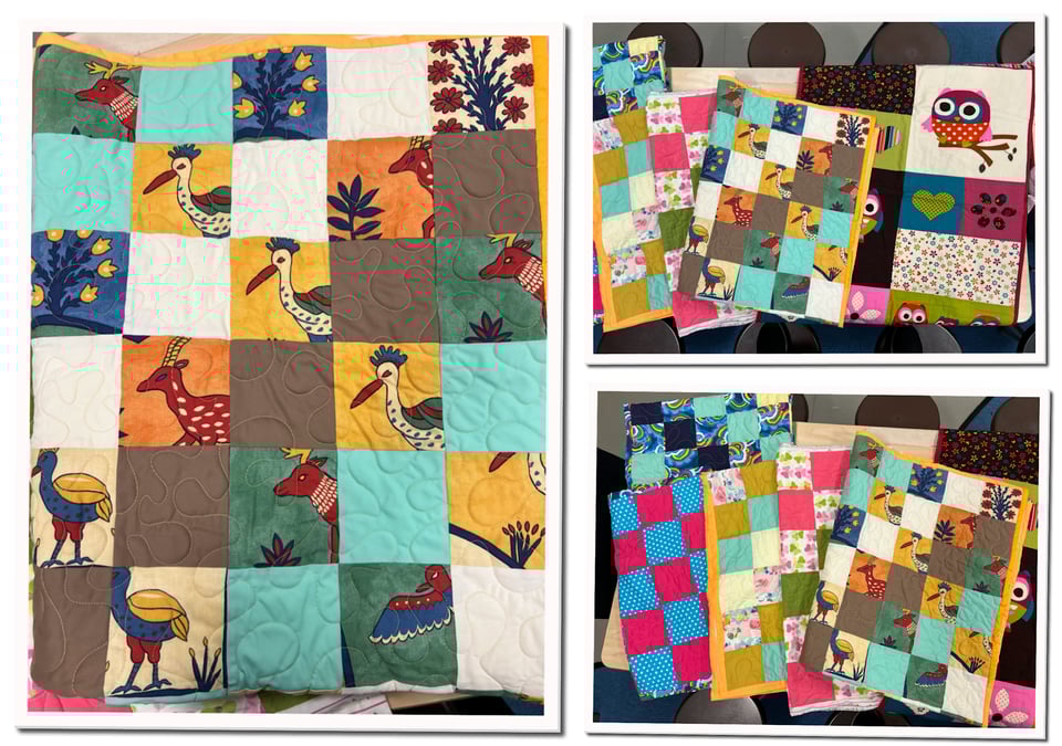 Three different views of patchwork quilts made for children, featuring birds, animals and flowers as well as simple colours