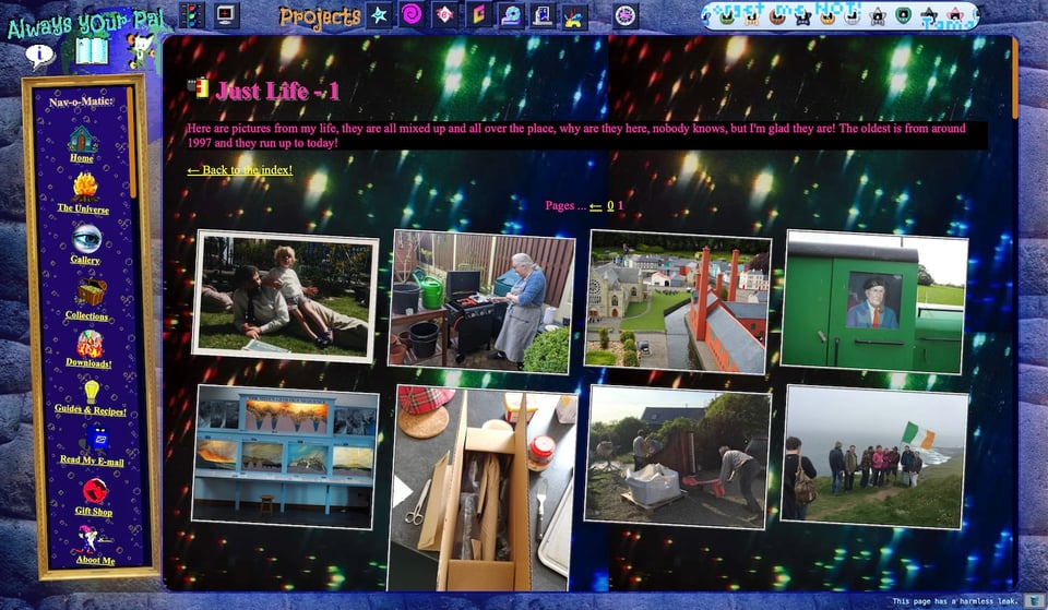 [A webpage with several different images floating against a cosmic background. It has a sort of scrapbook-y vibe.]