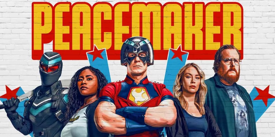 The cast of Peacemaker painted on a wall.