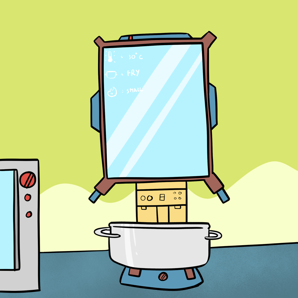 A mirror has writing on it showing temperature, cooking stlye of Fry and size of small. It is above a silver pan.