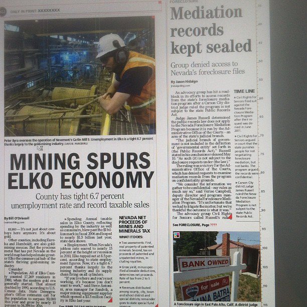 a photo of a news page I designed, featuring a story with the headline MINIGN SPURS ELKO ECONOMY