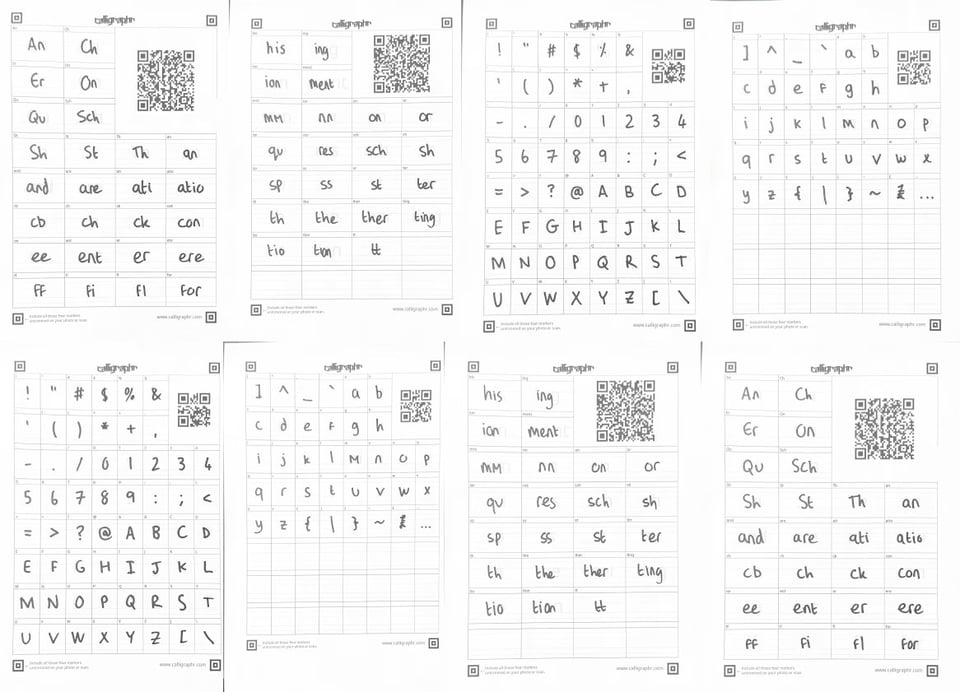 A grid of handwritten character templates is shown on multiple sheets labeled “calligraphr.com.” Each page contains neatly drawn letters, numbers, punctuation, and letter combinations in boxes, with QR codes in the top corners. The sheets are designed for creating a custom digital font from personal handwriting, covering both uppercase and lowercase alphabets, ligatures, and common character sets.