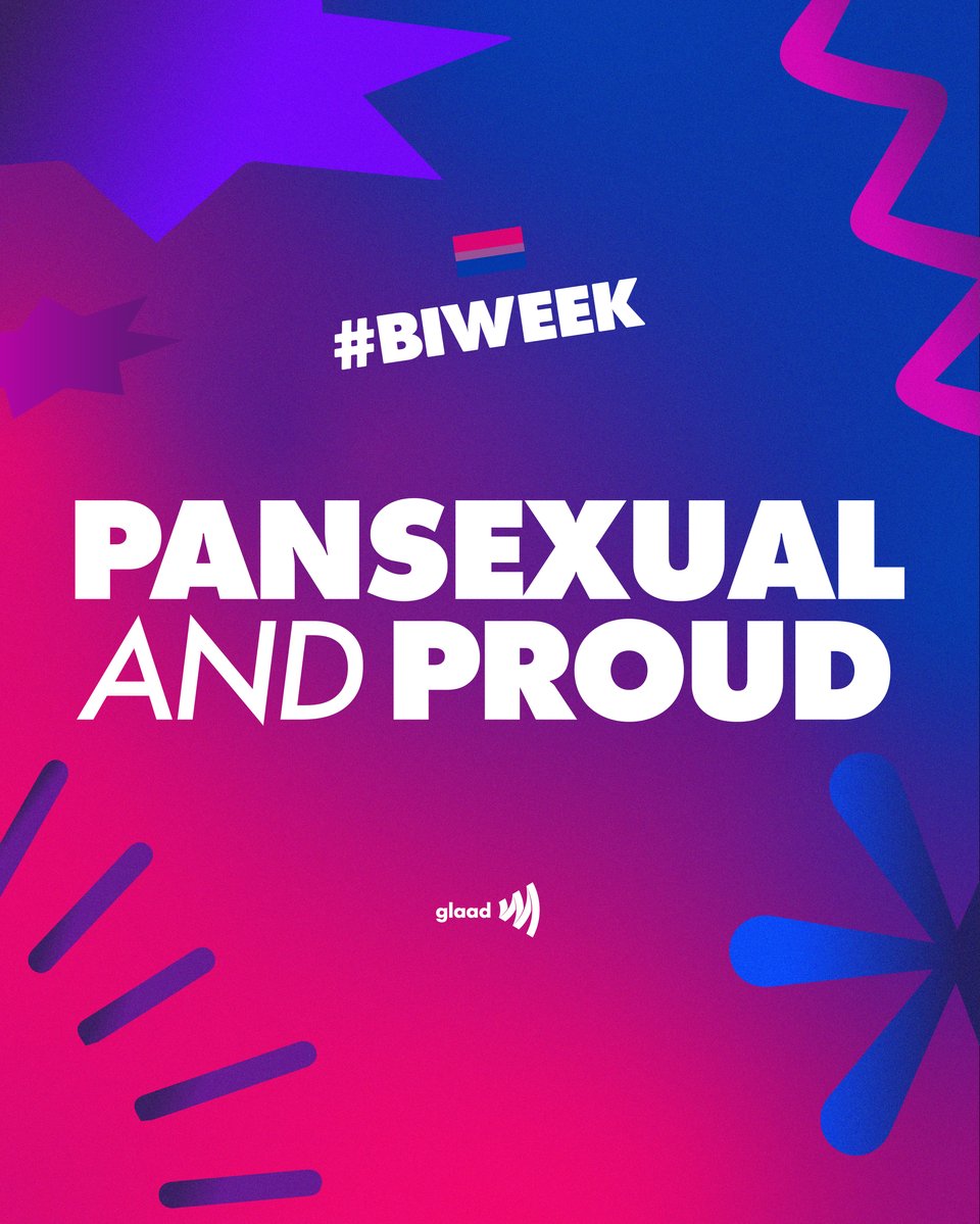 Bright pink and blue image that says "Pansexual and Proud"