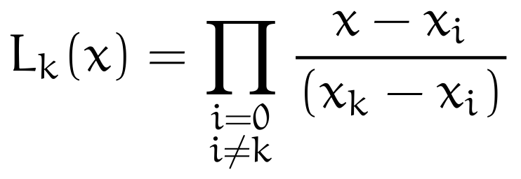 In general, the kth lagrange polynomial will be the product of the ratios between the difference of input x and each data point and the data point k and each data points.