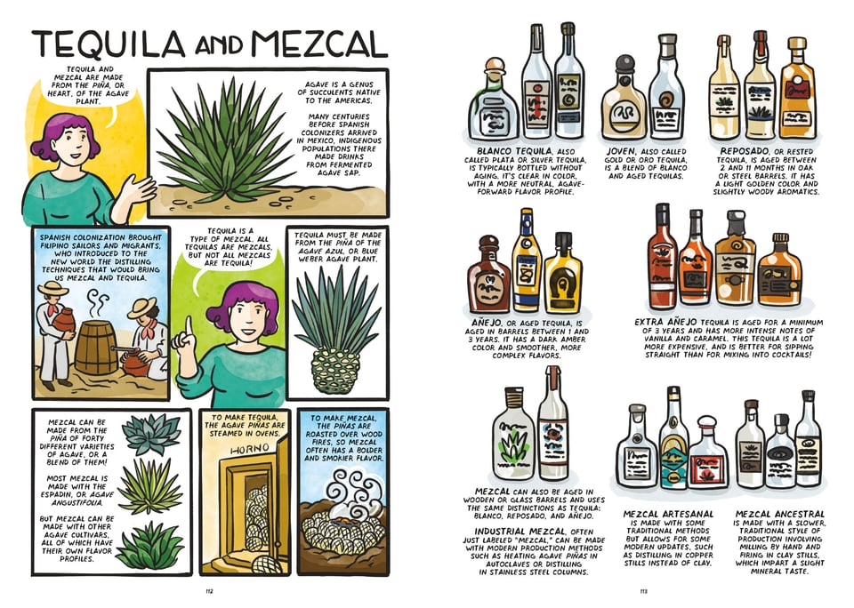 A spread from Let's Make Cocktails introducing tequila and other mezcals, talking about how they're made and what they taste like