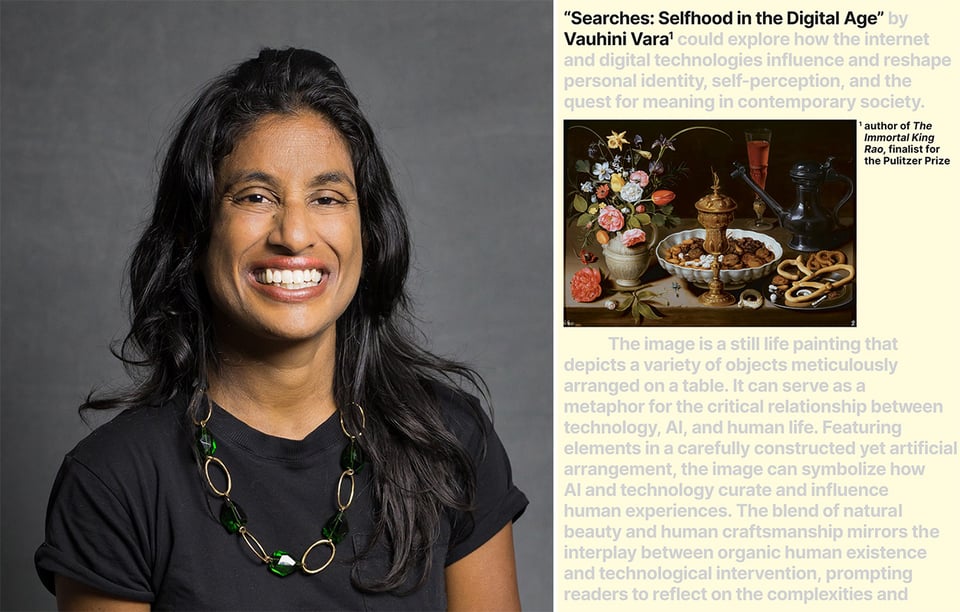 two images: left, tech-writer Vauhini Vara; right, the cover of her book SEARCHES: Selfhood in the Digital Age