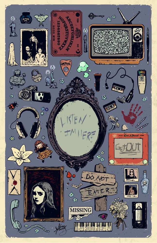 An illustration of ghost-related objects, including a Ouiji board, a TV showing static, a bloody handprint, a mirror with text reading