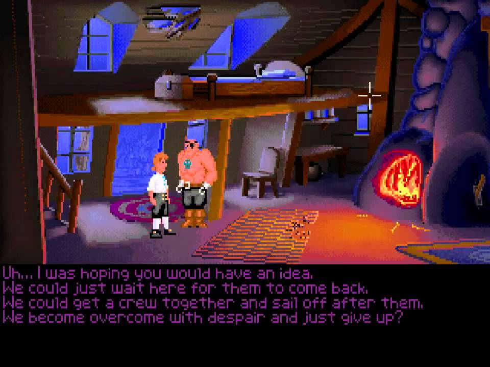 A conversation takes place between two characters in a cozy, rustic interior with large windows, a fireplace, and wooden furnishings, as one expresses uncertainty about their next steps.
