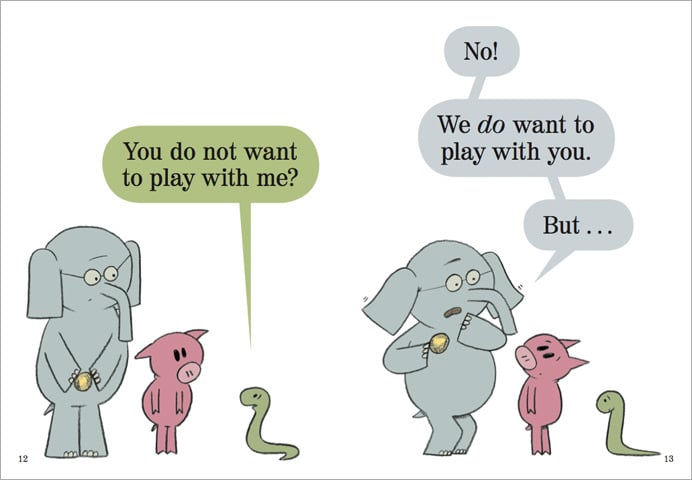 Two pages from a children's book. Picture: a snake approaches an elephant holding a ball, and his pig friend. He asks them to play. Text: Snake asks,