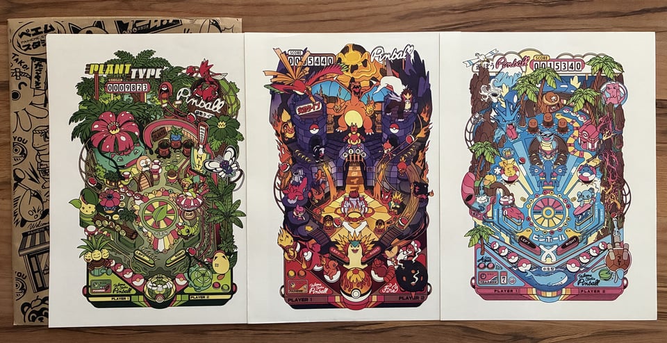 Three fantastical Pokémon-inspired pinball posters, designed by French studio Paiheme.