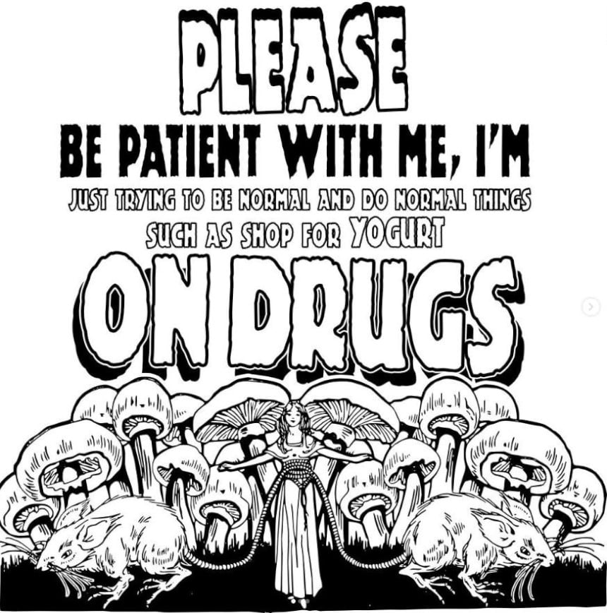Text: Please be patient with me, I'm just trying to be normal and do normal things such as shop for yogurt on drugs. Beneath is an illustration of mushrooms coming from the ground, and in front of the mushrooms is a small, mushroom-sized woman with her arms out to either side, and a mouse/rat on either side, their tails tied around her waist like a thick belt.