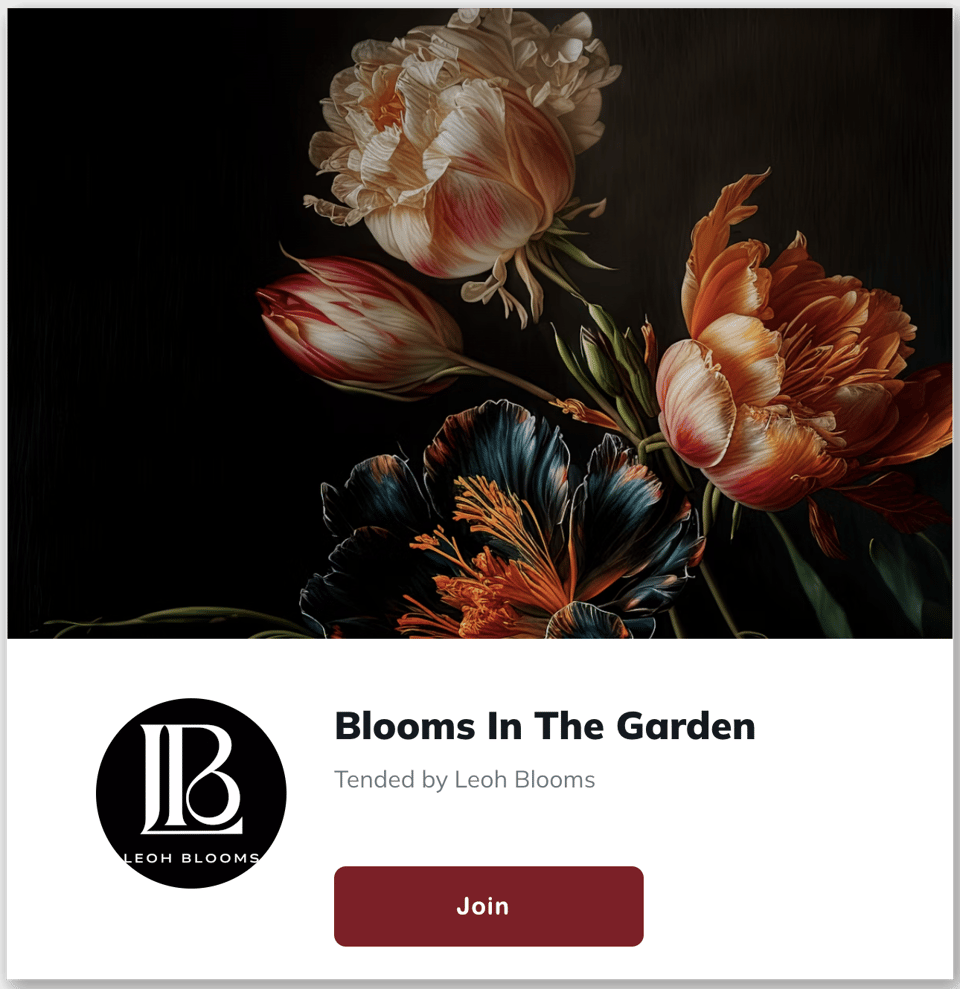 A badge for Blooms in the Garden with a join button