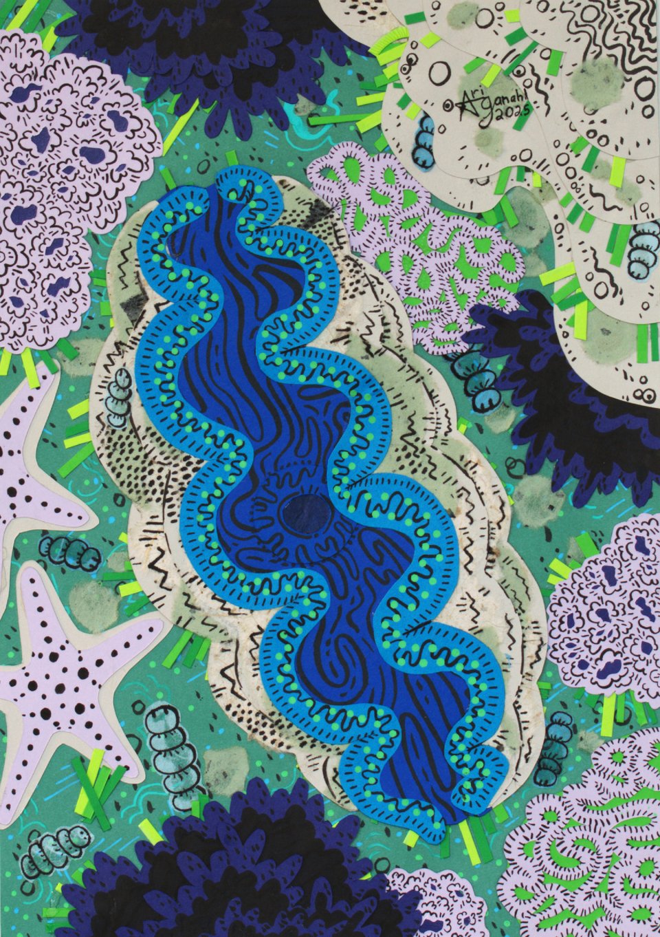 Papercraft collage illustration of a giant clam on sea floor. Around the clam are various coral, isopods, and sea stars.