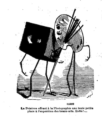 Caricature image of an anthropomorphized camera and painter's palette arm in arm.