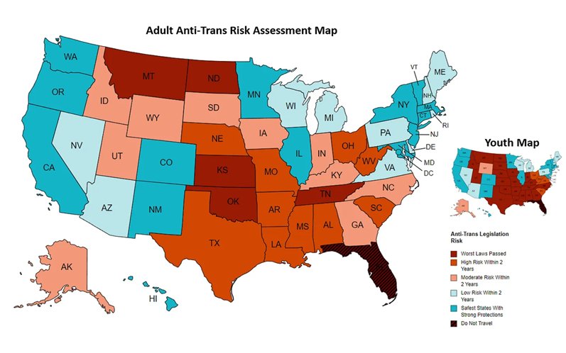 A political map of the United States labeled Adult Anti-Trans Risk Assessment Map and an associated Youth Map in the corner. Each state has a different color depicting the risk of anti-trans political attacks.
