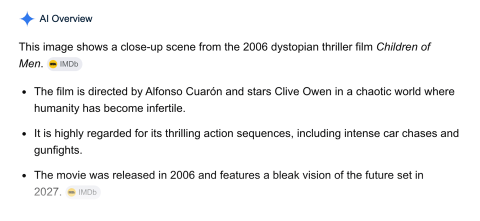Google's AI overview saying it thinks the image is Michael Caine in Children of Men.