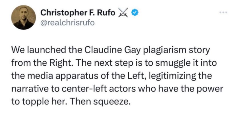 Tweet from Rufo explaining how the Gay takedown would play out