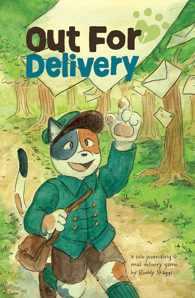 Cover for Out for Delivery "a solo journaling & mail delivery game by Buddy Skaggs". The cover features an illustration of a cat in a mail delivery uniform