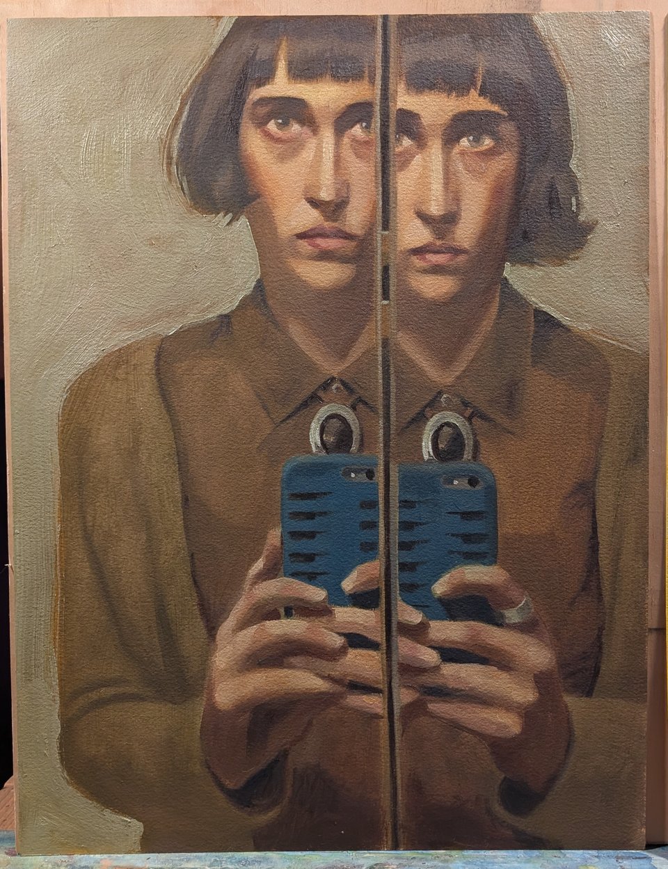 Painting of a woman in a split mirror