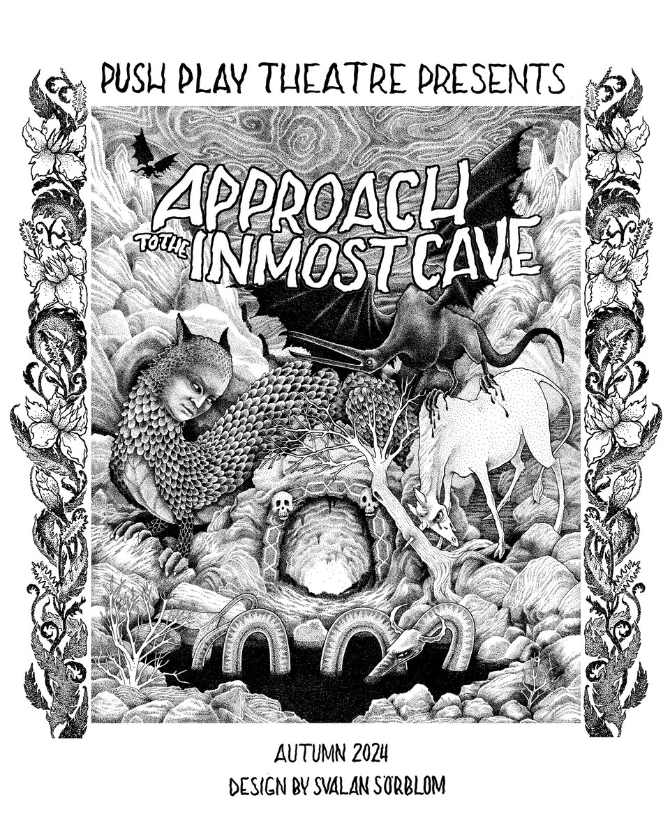 A kickass black and white and white poster with different fantasy monsters in fron of a cave.