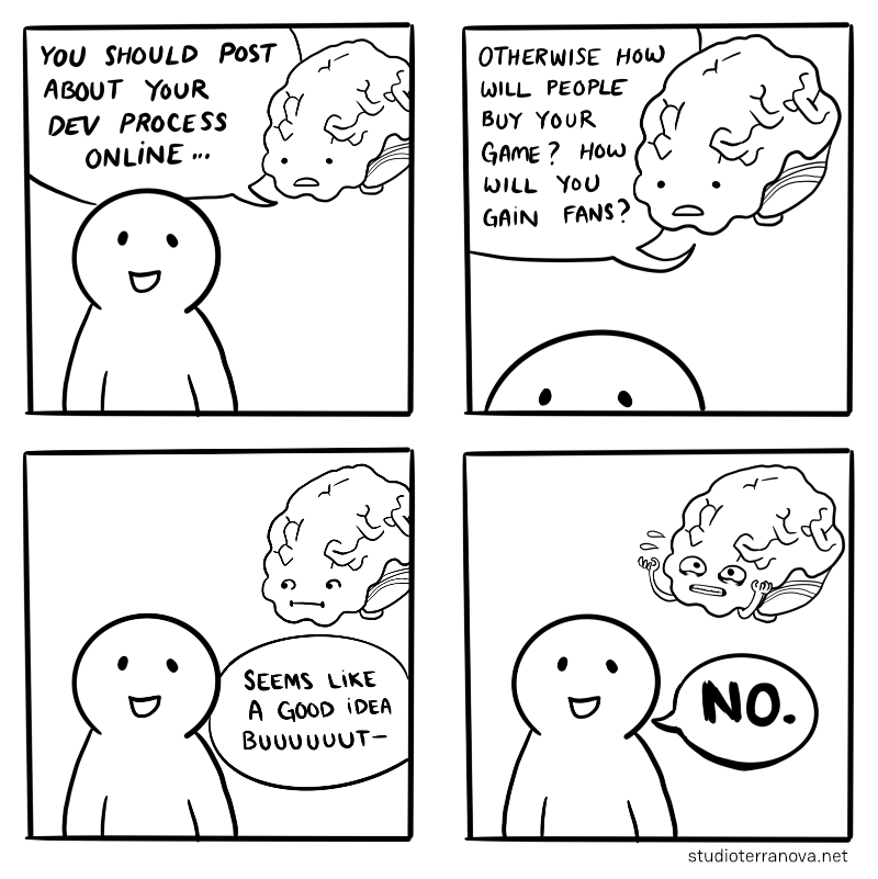 A four panel comic. 1) A brain is talking to a person. Text: You should post about your dev process online... 2) Text: Otherwise, how will people buy your game? How will you gain fans? 3) The person says: Seems like a good idea, buuuuut... 4) The brain is making an exasperated face while the person says, "No."