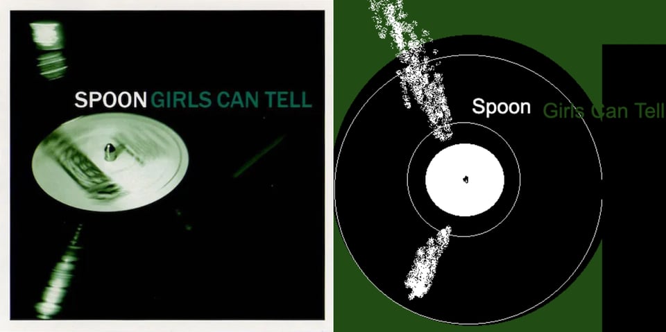 Close up of a green tinted black and white photo of a vinyl record spinning on a record player. The arm of the record player is almost at the end.